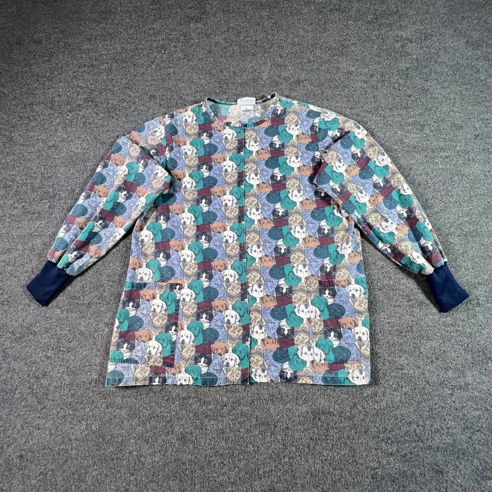 Vintage Professional Apparel Button-Up Shirt Women's L Blue Allover Dogs Print
